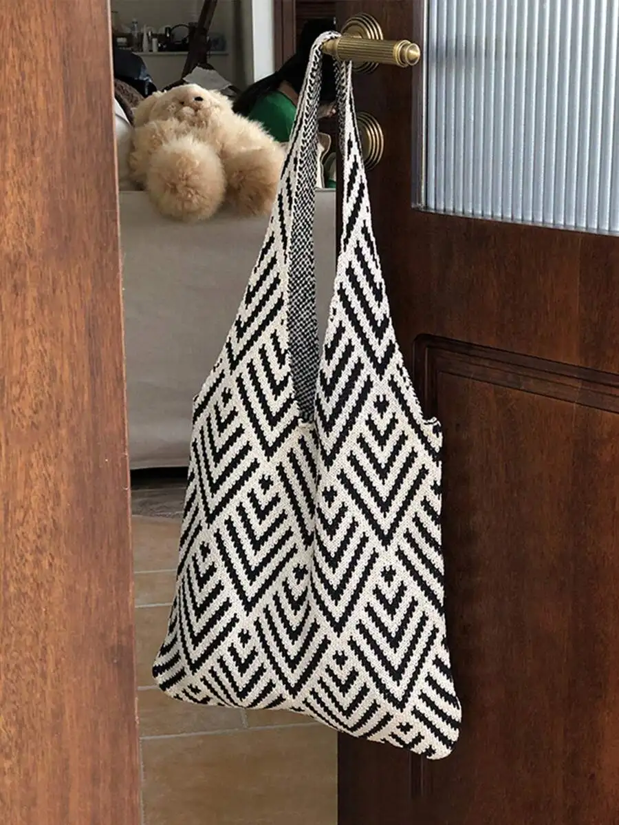

Lightweight Woven Geometric Pattern Tote Bag For Women Casual Shoulder Handbag
