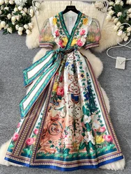 France Elegant Vintage Palace Evening Dress Women Print Sashes Mesh Long Party Dress Female Casual Holiday High End Clothing New