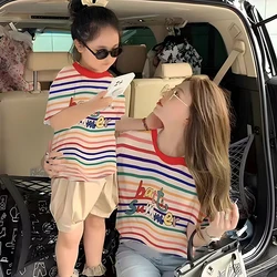 Summer Parent-child Clothing New Short Sleeved Rainbow Stripe T-shirt Versatile and Fashionable Family Top Boys and Girls Cloth