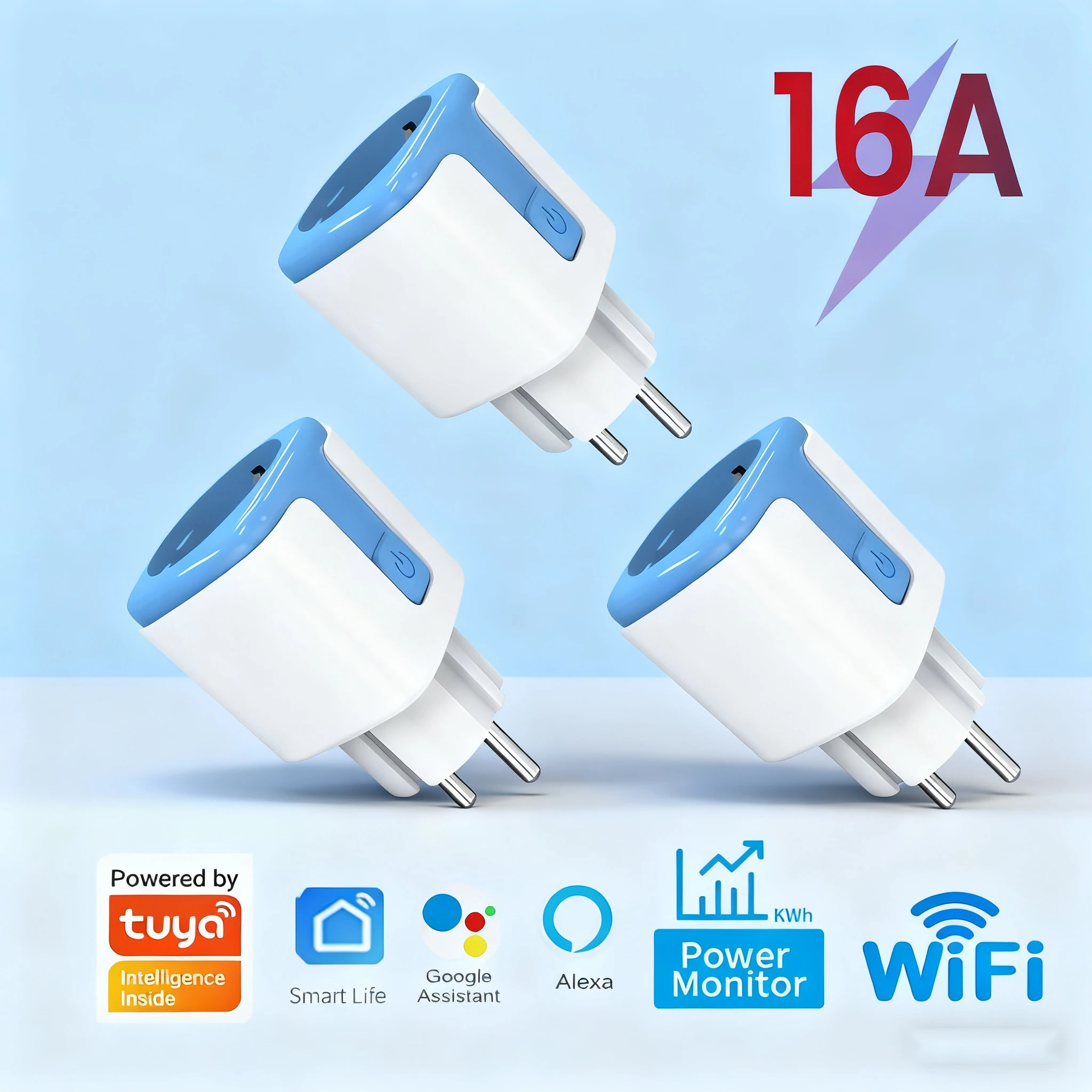 Tuya Smart WiFi Euro Regulation Plug Mobile App Timed Remote Control Alexa Voice Control 16A, 20A