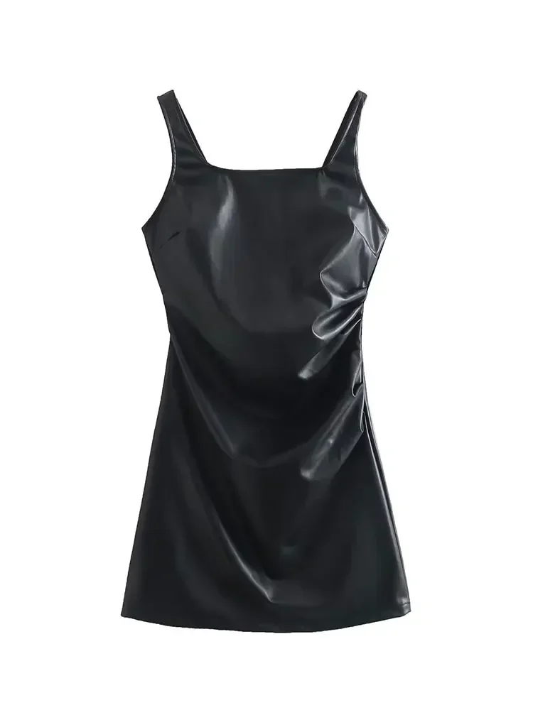 Women Black Matte Faux Leather Tank Sleeveless Mini Dresses Ladies Sexy Elegant PU A-line Mini Dress Clubwear Summer New Custom