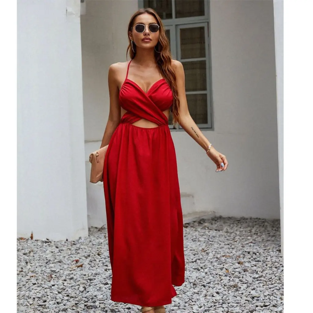Sommer Europäisch Amerikanisch Retro Französisch Satin Rückenfrei Abschlussball Meer Urlaub High-End Sexy Kleid Damenmode