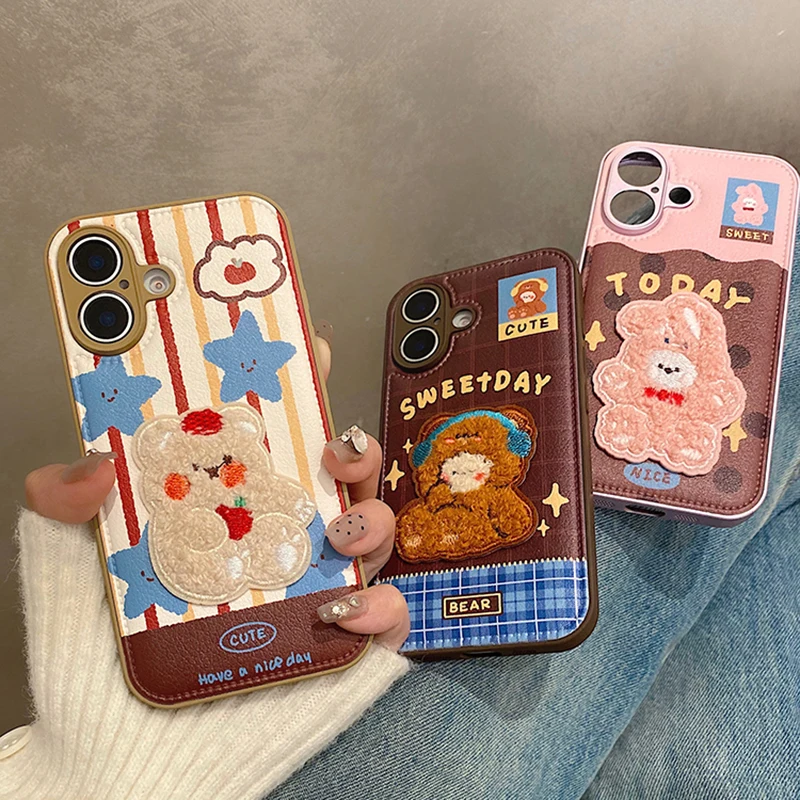 Cute 3D Plush Embroidered Rabbit Bear Phone Case For iPhone 11 12 13 14 15 16 Pro Max Leather Litchi Texture Back Cover