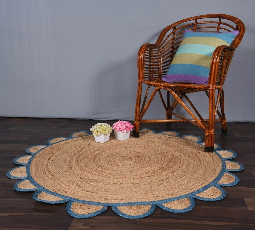 

Round Jute Rug Beige with Sky Blue Border Scalloped Beautiful Design Rug Home Floor Decoration