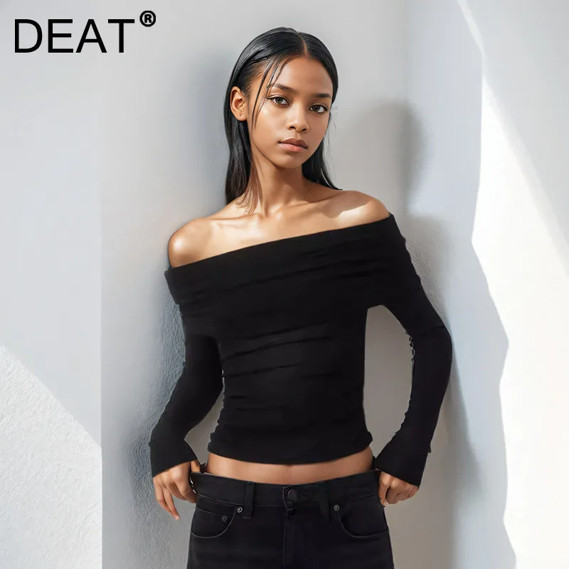 DEAT 2024 Winter New Arrival Off Shoulder Solid Color Casual T-shirt For Women Long Sleeves Bottoms Tops Female Fashion 33A2315