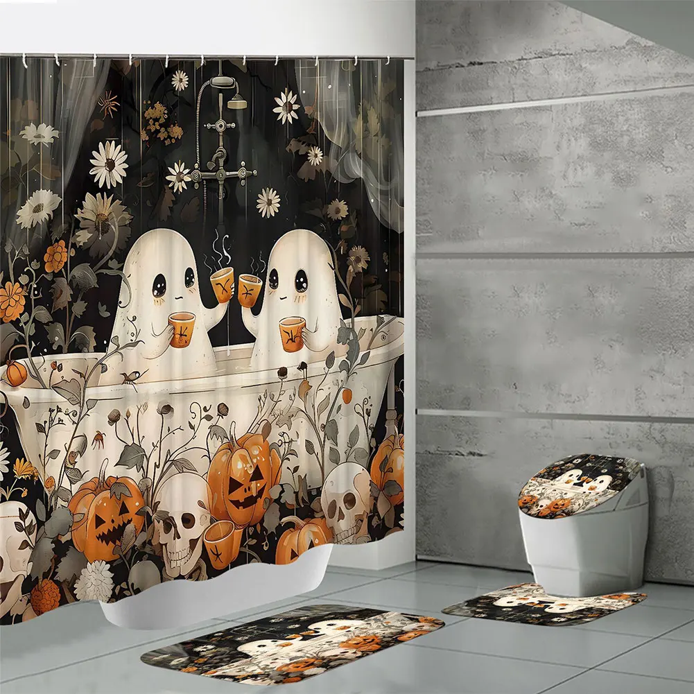 Cute Cartoon Ghost Shower Curtain Set Halloween Shower Curtain Washable Bathtub Curtain Polyester Fabric Spooky Bathroom Curtain