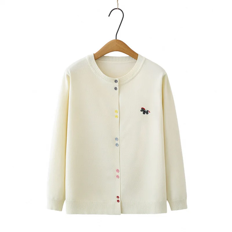

2026 Spring Plus Size Ice Silk Knitted Cardigan Sweaters Cute Embroidery Horse Colorful Buttons Crew Neck Casual Outwear
