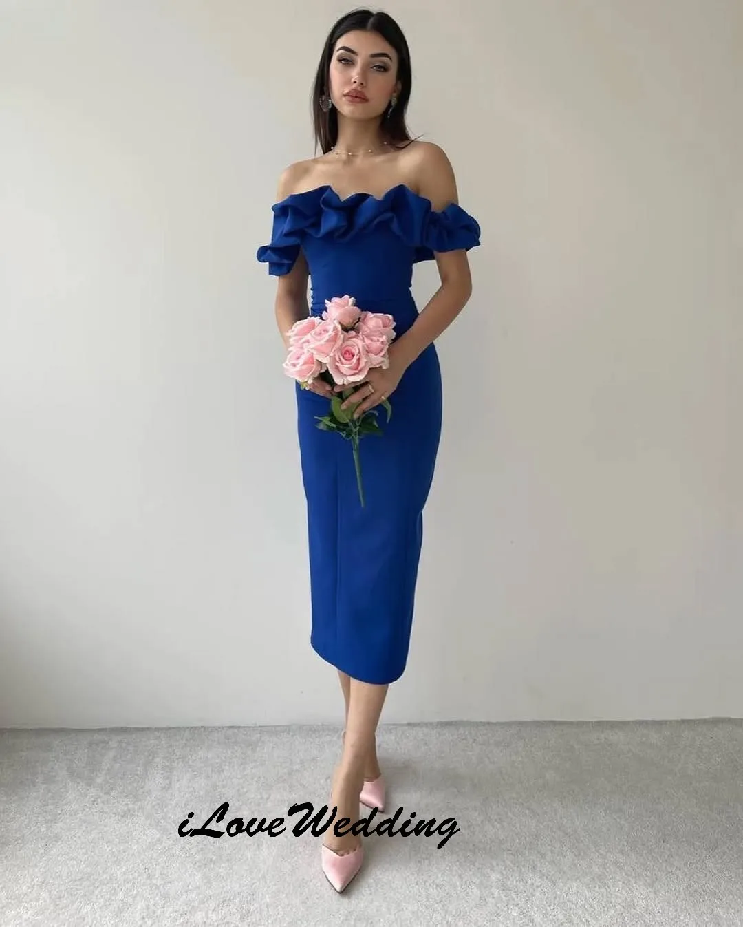 

Klein Blue Off The Shoulder Prom Dress Mermaid Elegant Evenng Dress Ruffles Tea-Length Wedding Party Dress For Women Customized