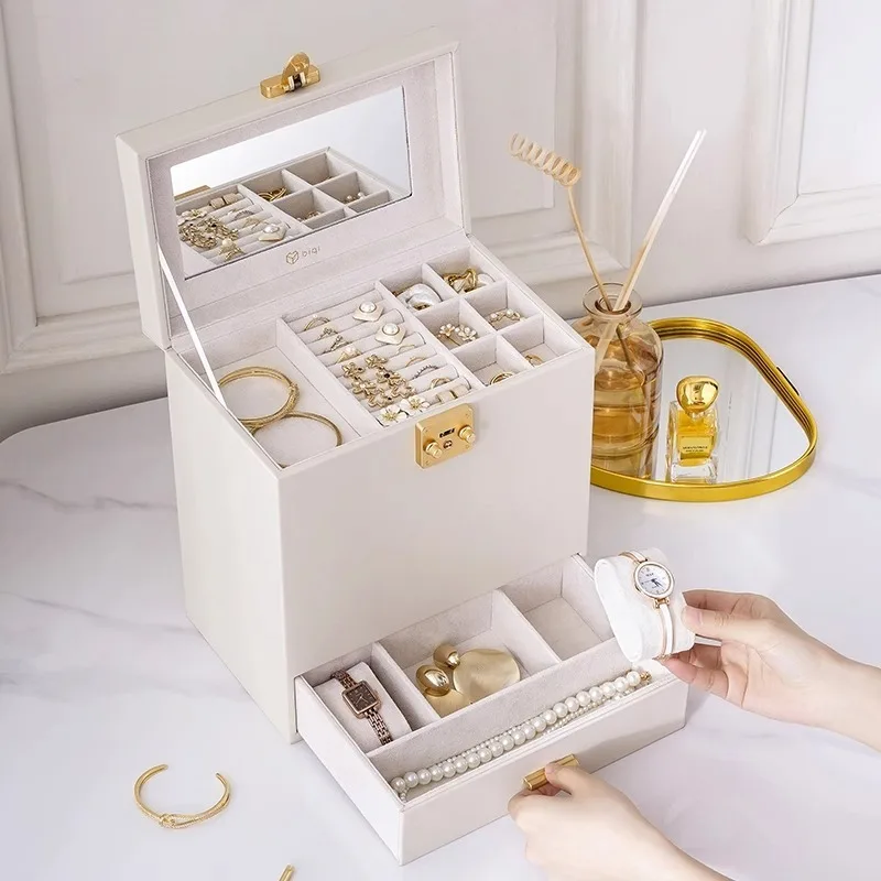 

Luxury Jewelry Storage Box Large Earring Necklace Display Stand Ring Bracelet Watch Storage Boxes Jewellery Container with Lock