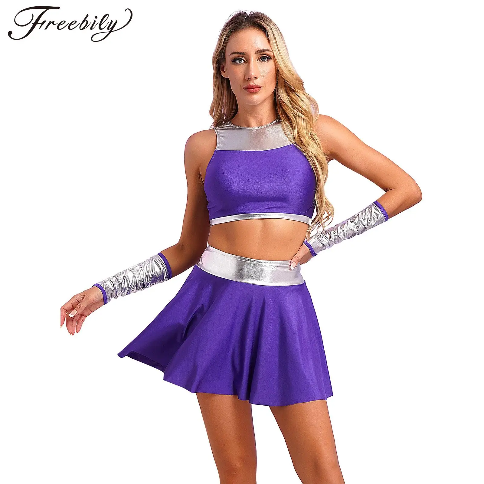 Womens 3Pcs Purple Dress Outfits Halloween Cosplay Costumes Metallic Patchwork Crop Tops with Mini Swing Skirts and Gloves