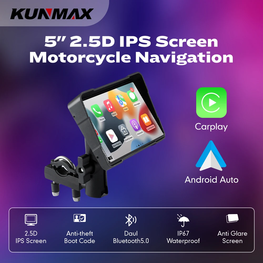 

5 Inch Portable GPS Navigation Motorcycle Waterproof Carplay Display Motorcycle Wireless Android Auto IPX7 GPS Screen