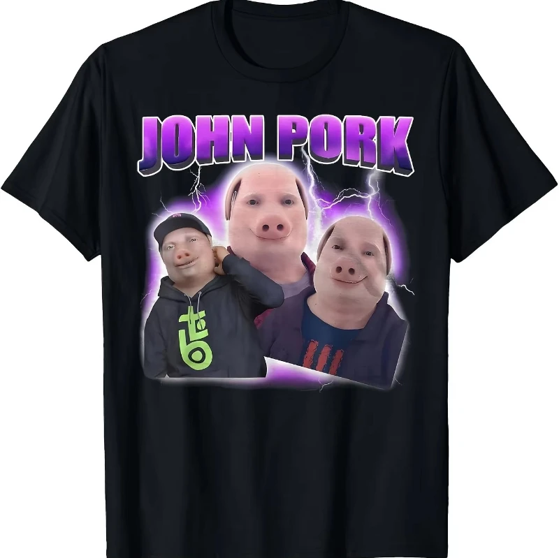 Men's John Pig Meme Print T-Shirt - Fun internet meme print featuring John Pig and pork chop design. Pure couple streetwear