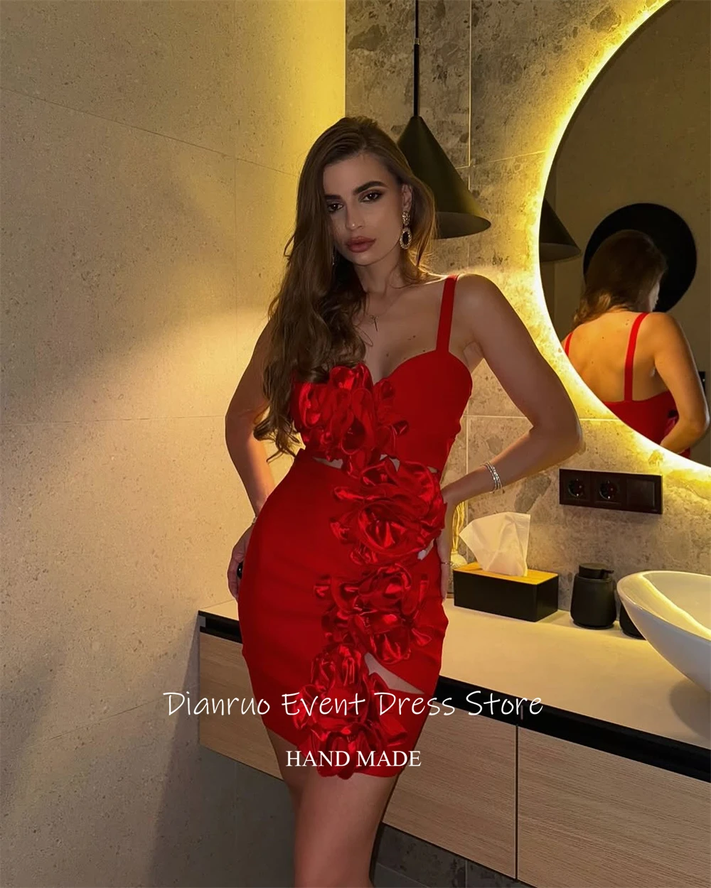 Dianruo chique mini recorte 3d florais vestidos de baile sem mangas vestidos de cocktail bodycon sem costas vestidos de baile personalizado