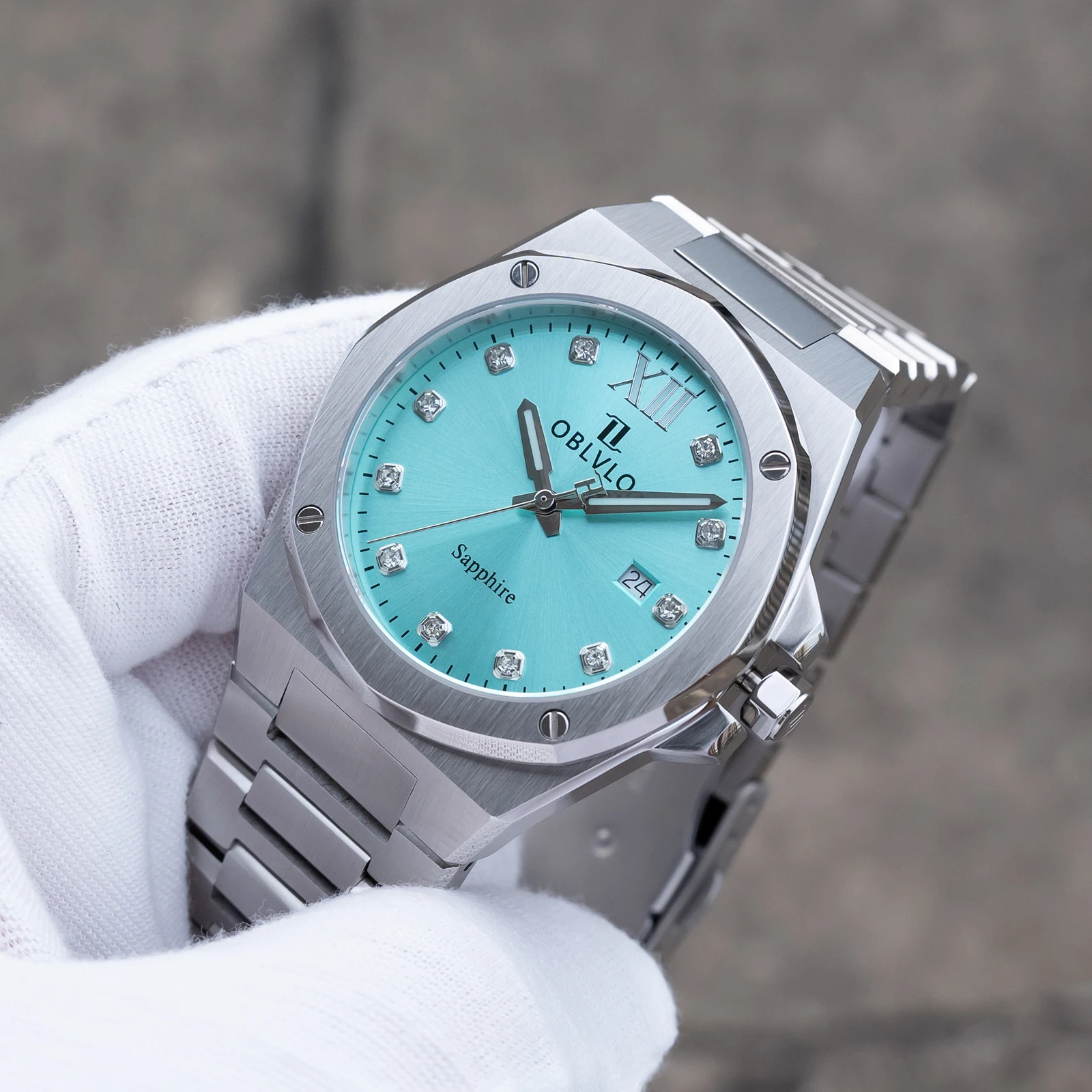 OBLVLO Men's Fashion Octagon Bezel Dress Watch Blue Dial Date Quartz Movement Waterproof Designer Wristwatch for Couples AWM