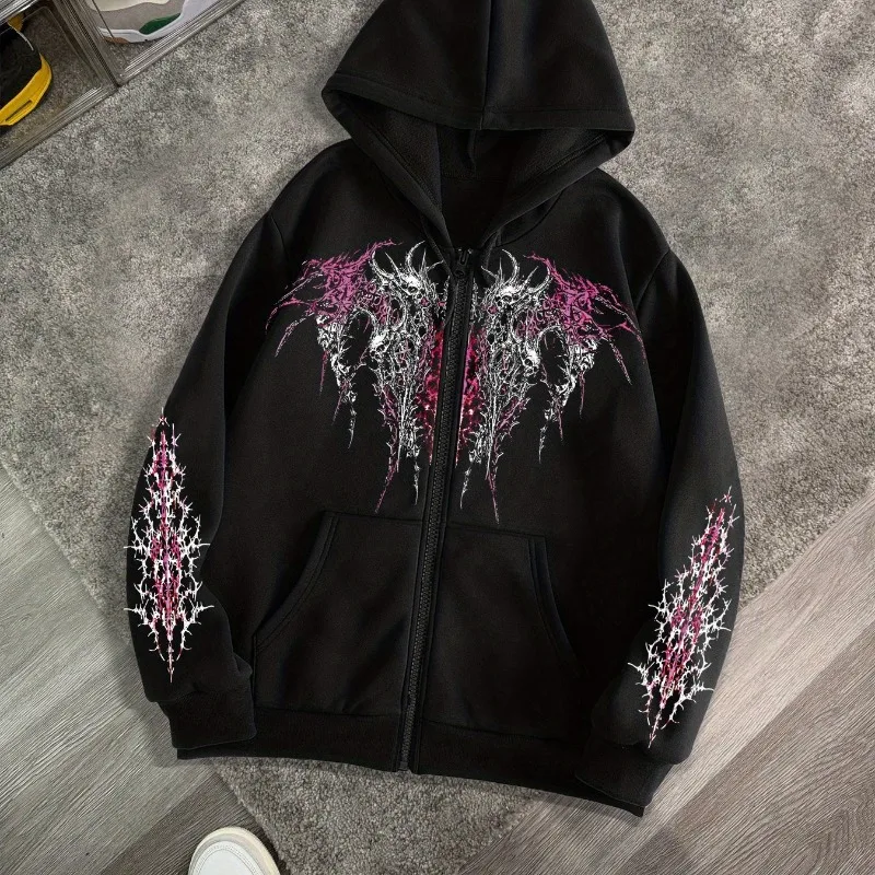 Men's Gothic Dark Print Zipper Hooded Casual Sports Sweatshirt Zipper Jacket Autumn and Winter New Casual Retro Street Style Top
