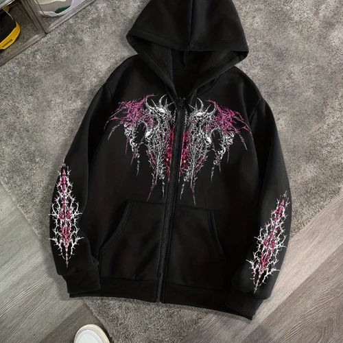 Imagen 1 del producto Sudadera deportiva informal con capucha y cremallera con estampado gótico oscuro para hombre, chaqueta con cremallera, Top informal de estilo callejero Retro para otoño e invierno