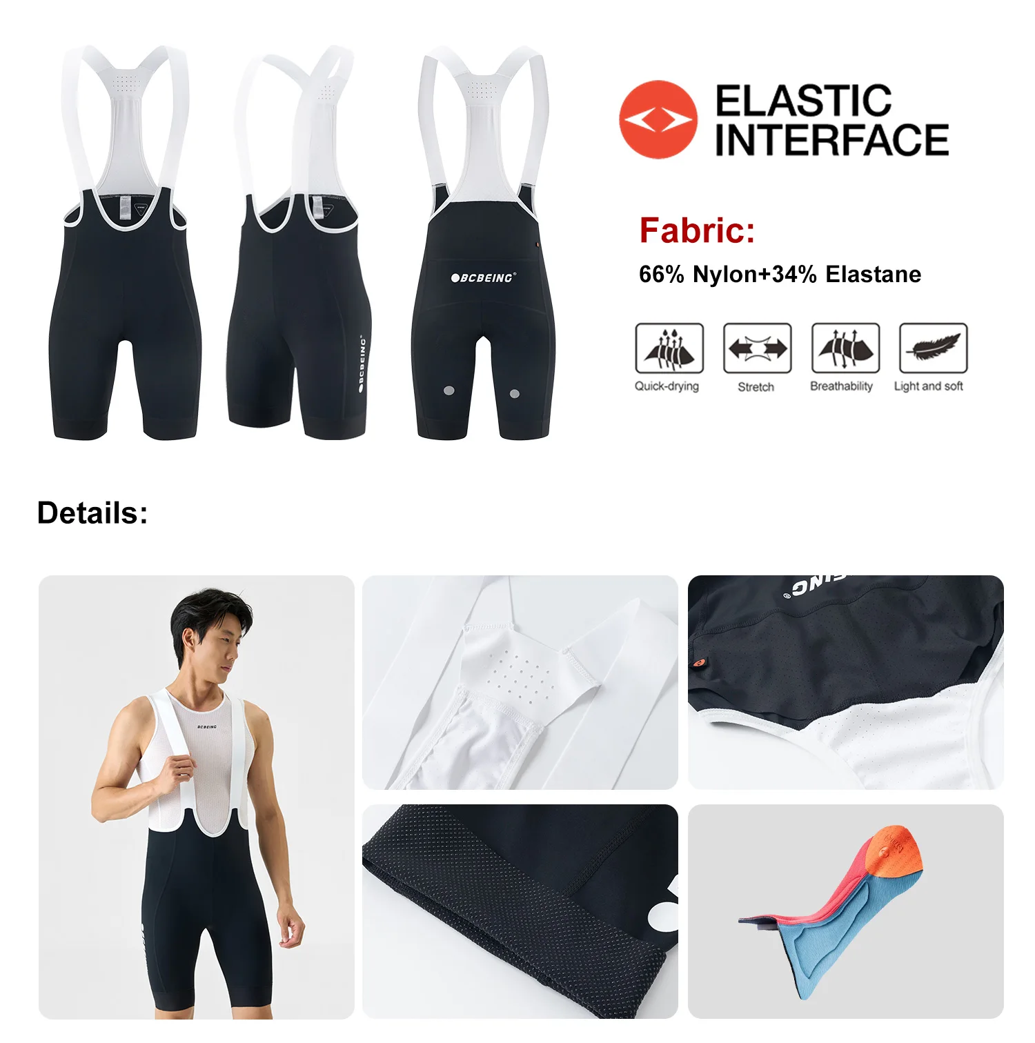 BCBE-ING Herren Pro Race Level Radhose mit Träger 7-Stunden-Elastikpolster Radhose mit hoher Taille 4-Wege-Stretch – Detail 2