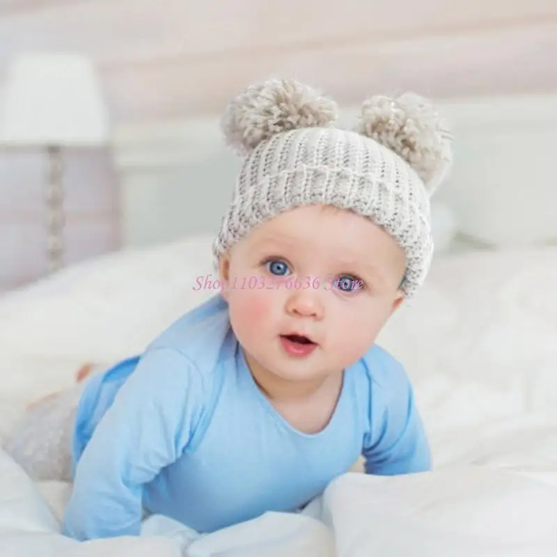 

R6FD Hat with Pompoms Knitted Winter Warm Hat Infant Elastic Crochet Hat Bonnet Caps Newborn Soft Breathable Caps