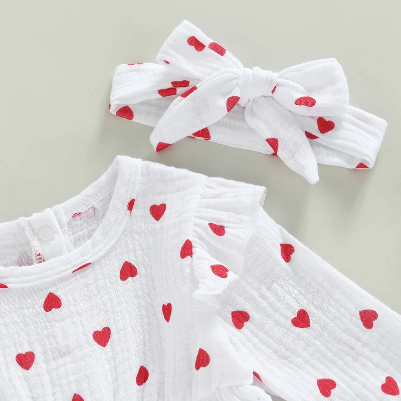 2022-10-21 Lioraitiin Baby Girls Valentine\'s Day Romper Dress Infant Heart Print Long Sleeve Skirt Hem Jumpsuits with Headband