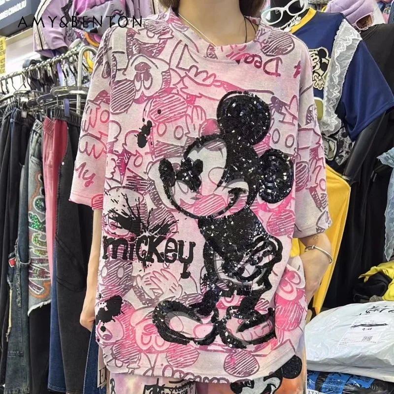 

Новинка лета 2026: Женская модная футболка с коротким рукавом, свободного кроя, с ярким принтом, пайетками и мультяшными рисунками, стильный и милый топ