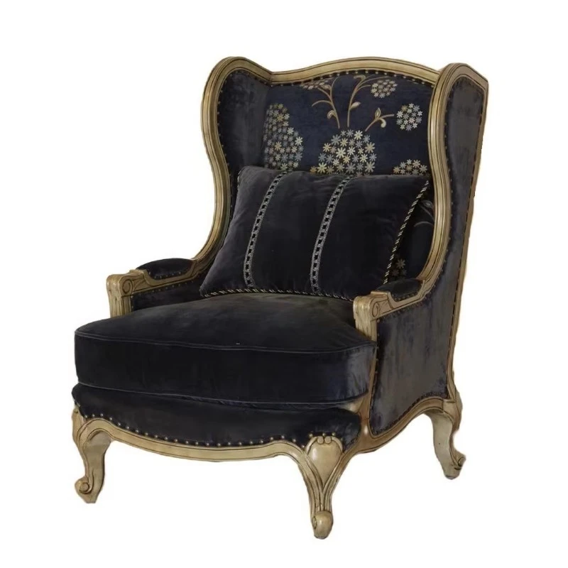 Wingback armchair, velvet upholstery, botanical embroidery, cream frame and gold nail heads