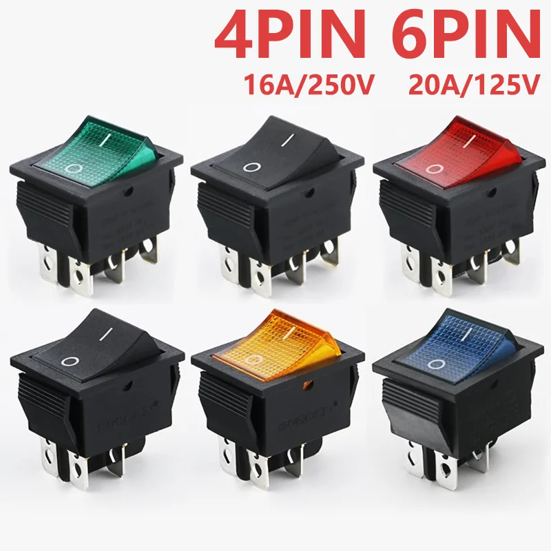 KCD4 Rocker Switch ON OFF With Led 16A 250V 220V T85 20A Small 6Pin 4Pin Light For 2 Position Toggle Switches