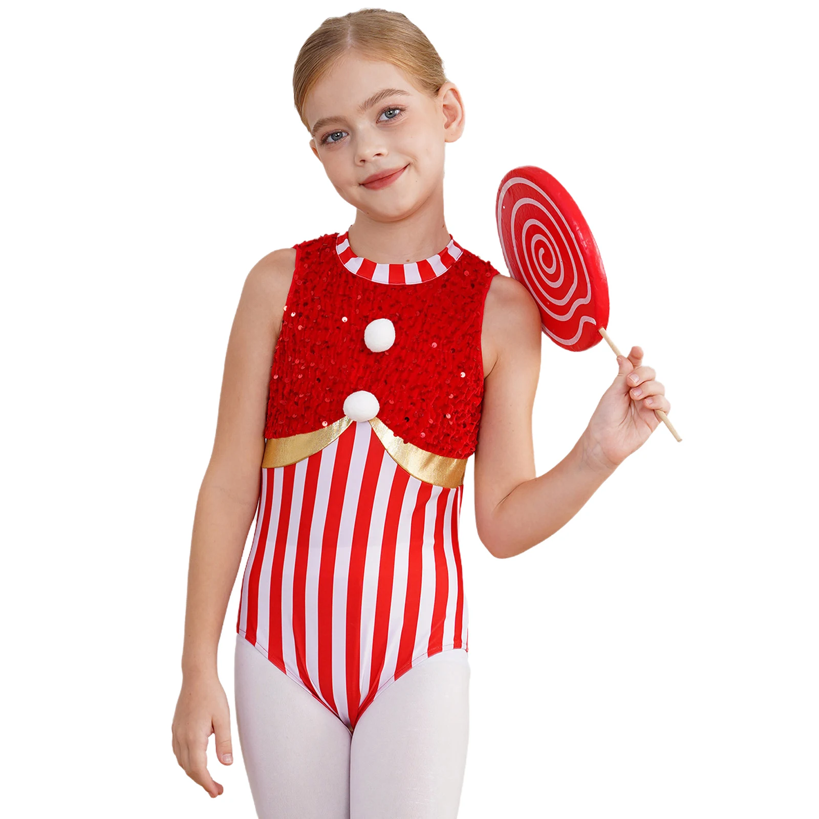 Girl Christmas Costume Sleeveless Stripes Sequins Bodysuit Figure Skating Jumpsuit Party Candy Cane Costume 2025 New Year Gift