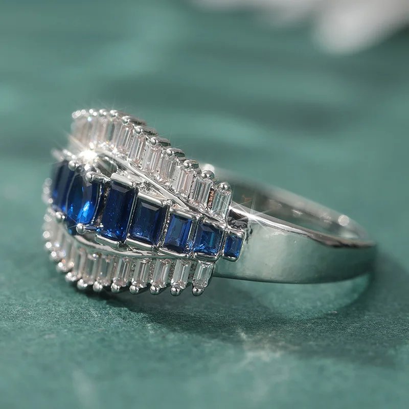 Exquisiter, mit weißen und blauen CZ-Steinen besetzter Damenring, elegante silberne Farbe, geometrisch, für den täglichen Gebrauch, Partyschmuck, Jubiläumsgeschenk – Detail 3