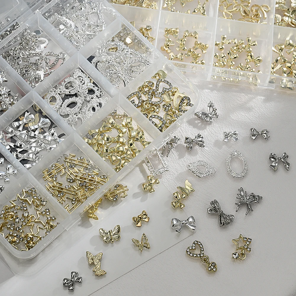 120 Uds. De dijes 3D de aleación dorada mezclada con lazo para decoración de uñas, cinta de Metal de lujo, pajarita, accesorios para uñas, decoraciones para uñas con lazo exquisito