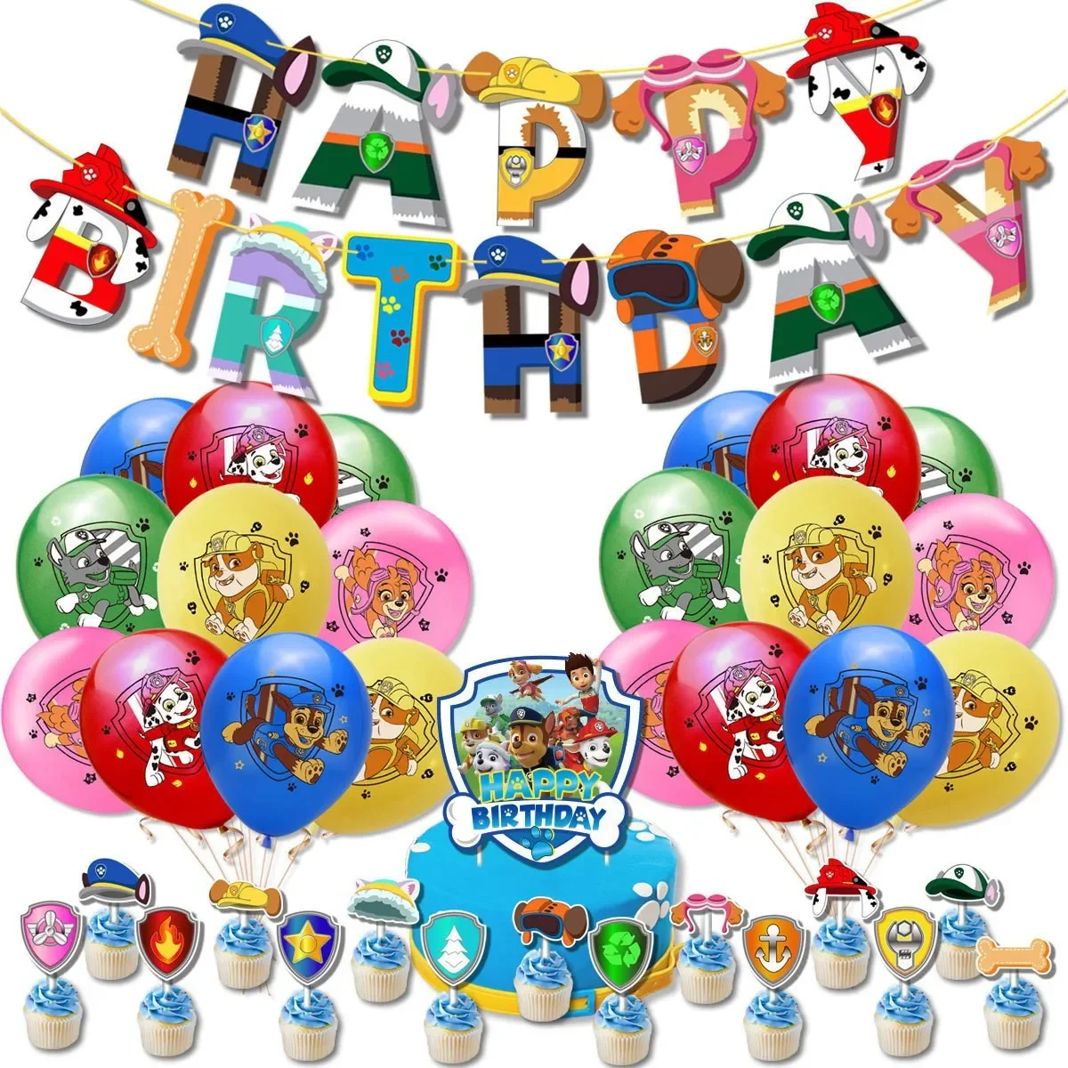 Juego de fiesta de cumpleaños PAW Patrol con globo, pancarta, bandera para pastel, juego de decoración perfecto para niño y niña para fiesta de cumpleaños infantil