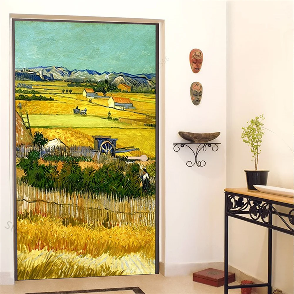 Hand-painted Oil Painting Door Stickers PVC Poster Art Street Blue Night Wallpaper Home Decor Elevator Refrigerator Door Sticker