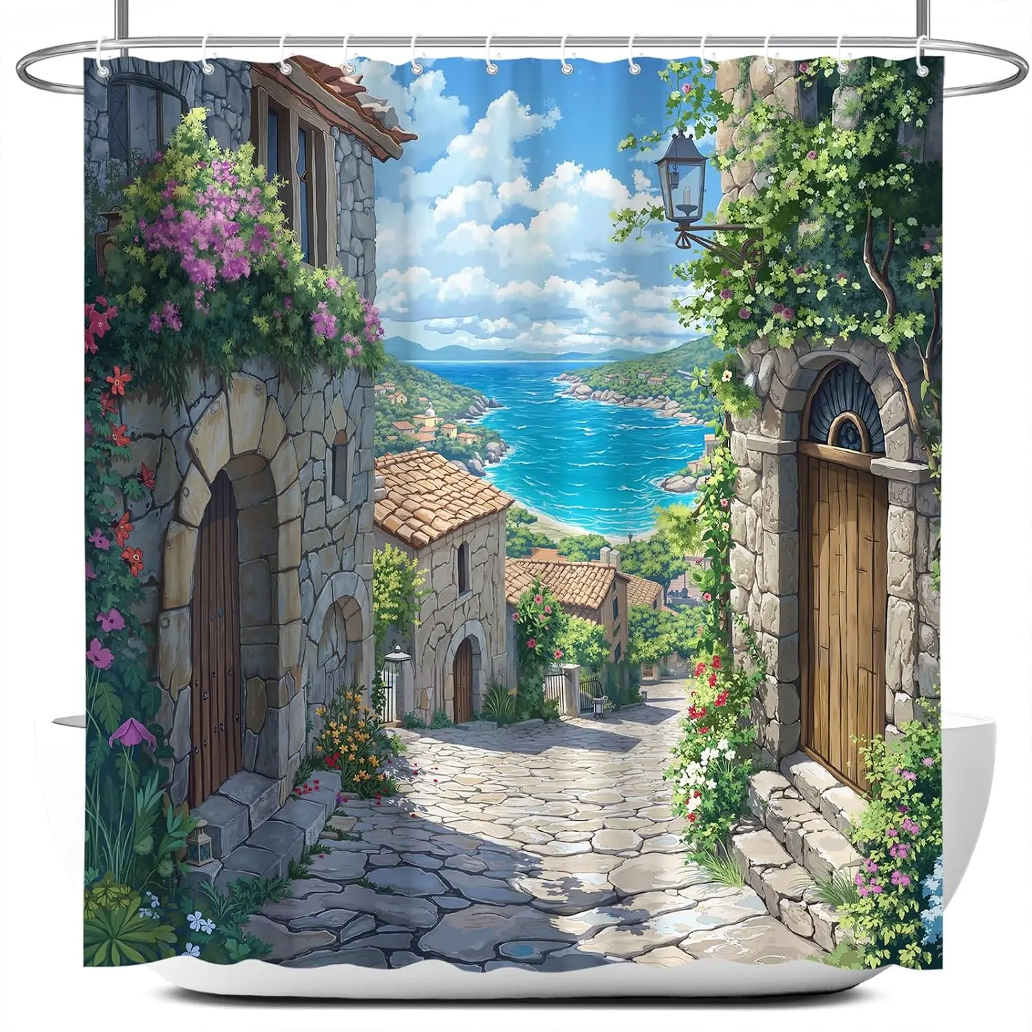 Mediterranean Coastal Village Shower Curtain Mural Watercolor Bath Decor European Style Bathroom Shower Liner
