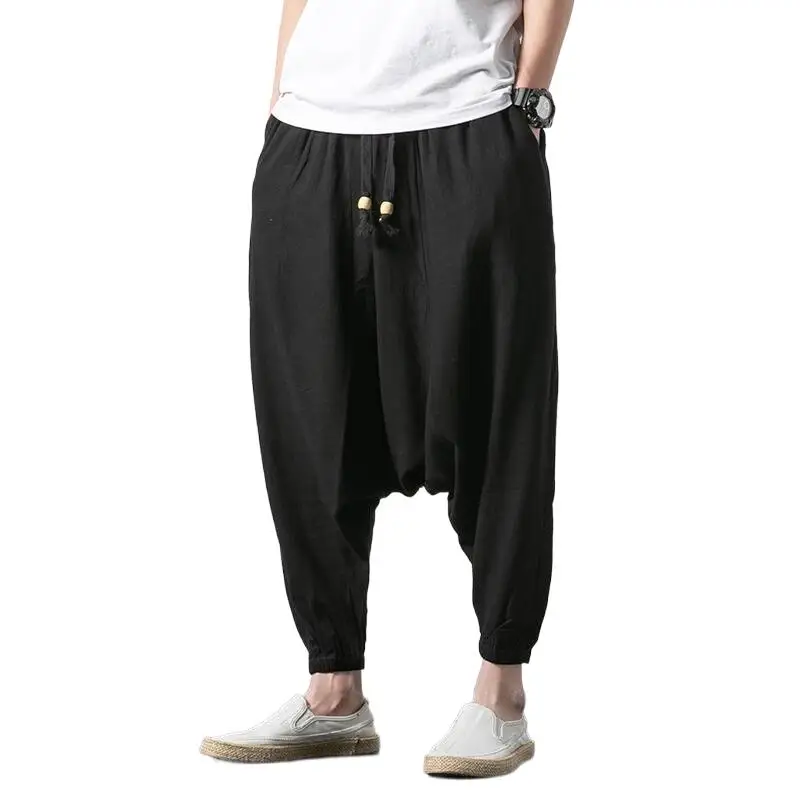 New Japan Style Men Baggy Dancing Pants Cotton Linen Harem Trousers Pure Drawstring Cross-Pants Plus Size M-6XL 7XL Pantalones