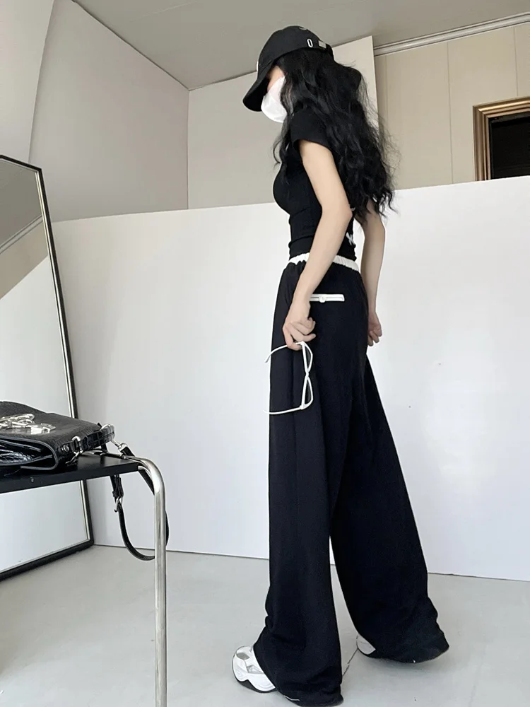 ゆったりフィットのスポーツパンツ、ワイドレッグカジュアルパンツ、女性用ハイウエストロングストレートカット、ドレープ感のあるストリートスタイル