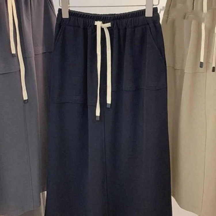 

Юбка миди с высокой талией и завязками, прямого кроя, для женщин, осенне-зимняя, свободная, скрывающая недостатки фигуры, универсальная