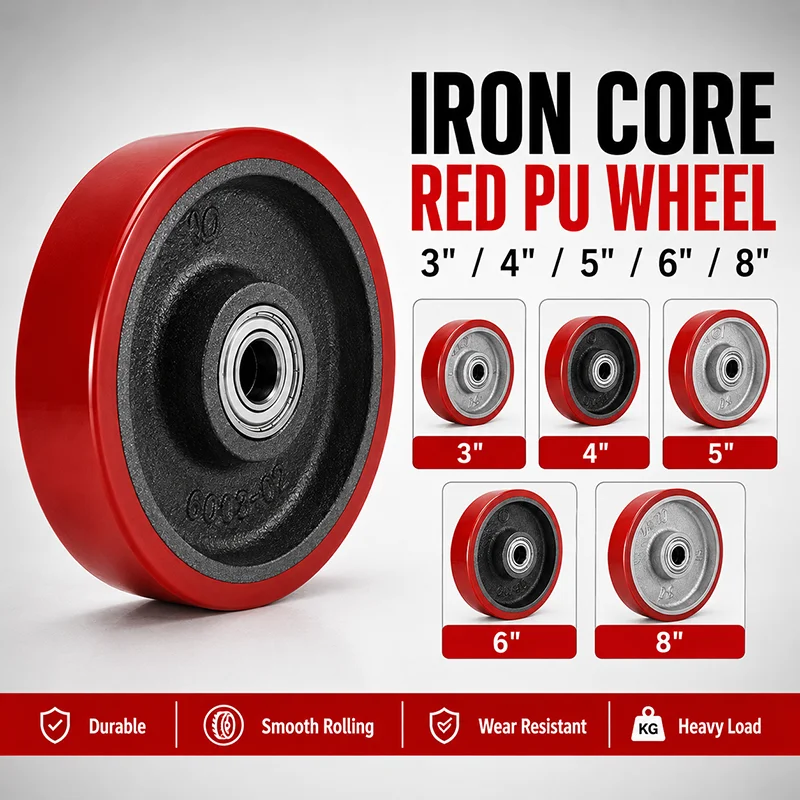 Heavy Duty Red PU Caster Wheels 3/4/5/6/8 Inch Iron Core Polyurethane Wheel for Cart Trolley Workbench Rack