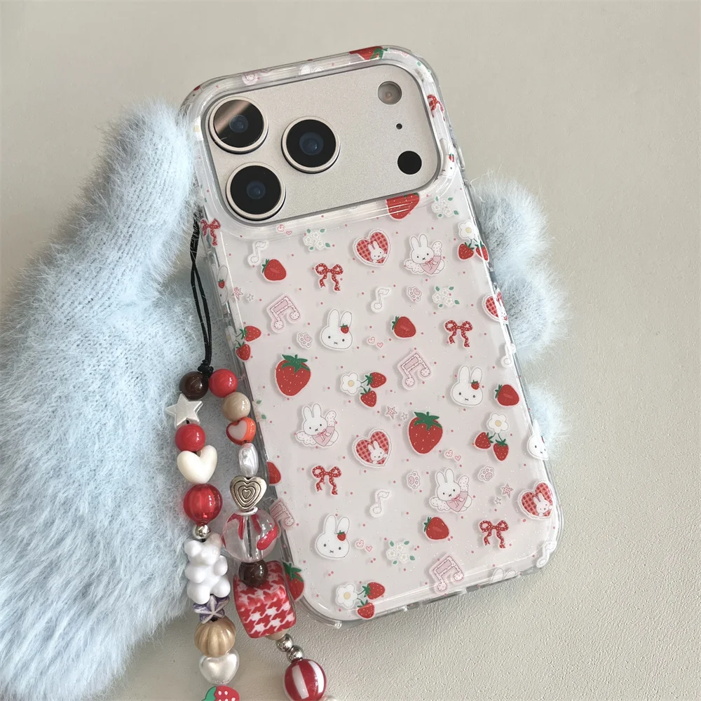 

Cute Strawberry Rabbit Phone Case for iPhone 17 14 15 Pro 16 Pro Max Cover with Polka Dots Cartoon Shockproof Fundas with Hinge