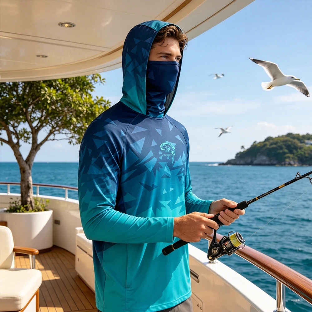 

Men's Lightweight Hooded Fishing Long Sleeve With Face Mask UPF50+ Anti UV Quick Dry Breathable Outdoor Fishing Clothing Top