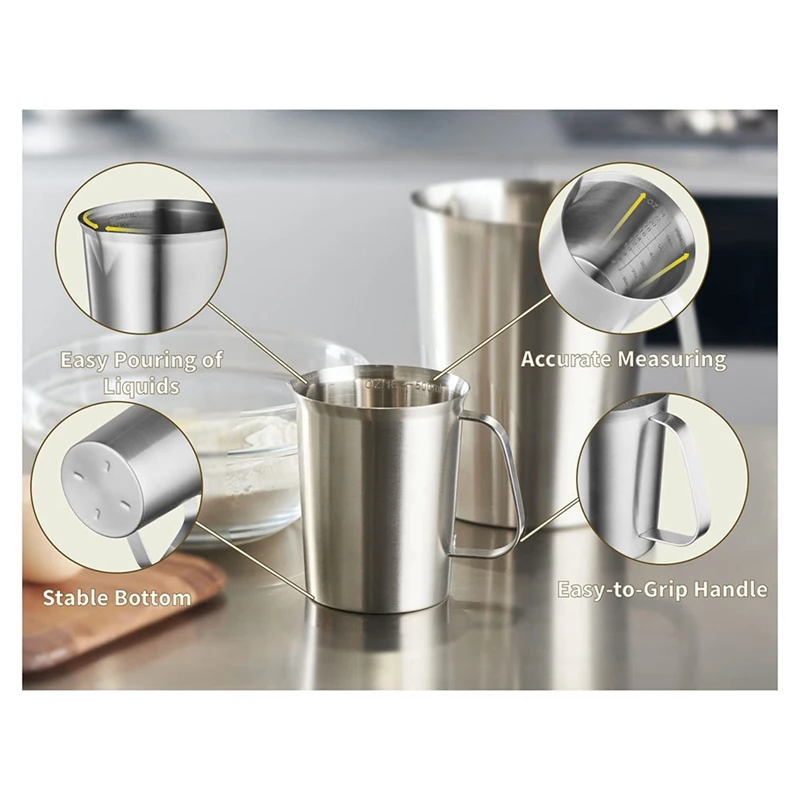 304 Stainless Steel Measuring Cup with Handle and Pour Lip, Metal Pitcher with Oz and ML Marking, 48OZ/1500 ML- 6 Cup)-A55K