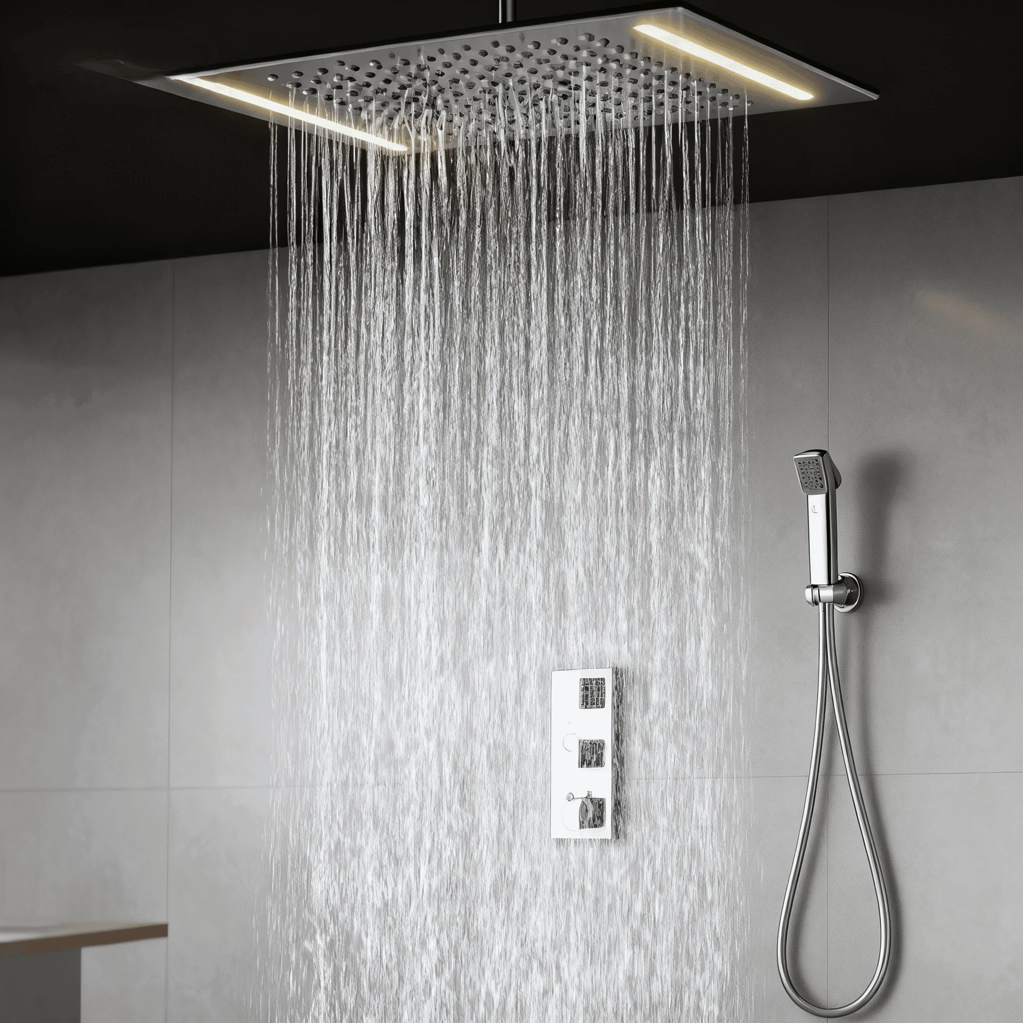 Bathroom LED Multifunctional Recessed Shower Set with Constant Temperature Warm White Light