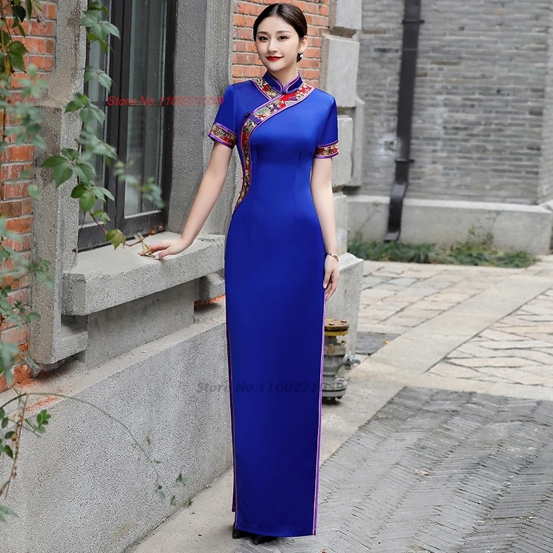 

2026 chinese traditional dress stage performance qipao dress vintage flower embroidery cheongsam oriental banquet evening dress