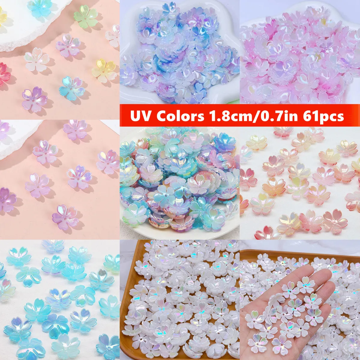 61pcs 18mm White Horseback UV Effect Colors Acrylic Cherry Blossom Beads For DIY Making Production, Beads & Bead Assortments