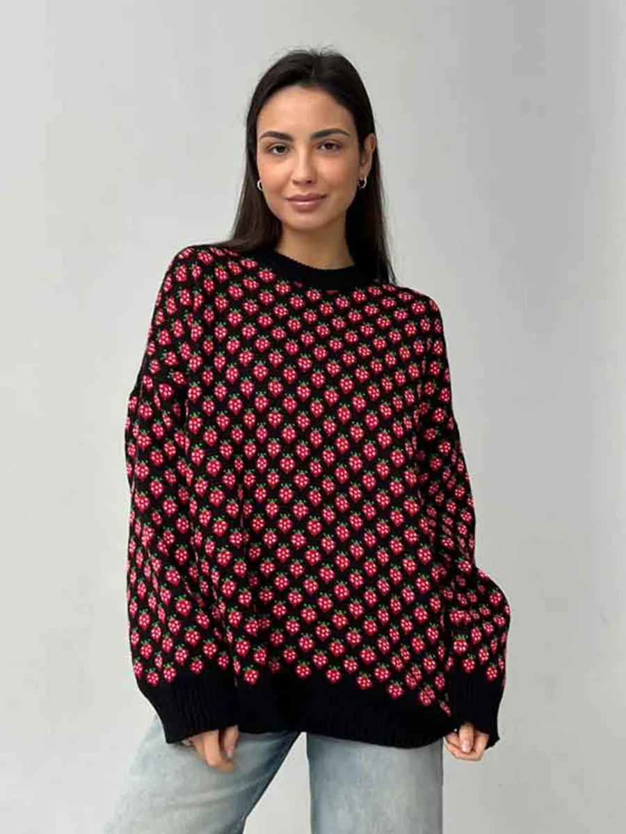

Autumn Winter Casual Pullovers Blubelle Women's O - Neck Pullover Knit Sweater Loose Fit Soft Strawberry Print Oversized Cozy