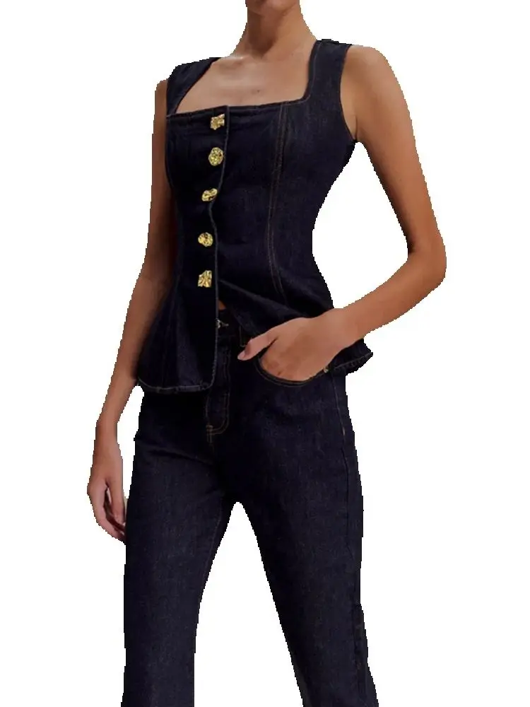 Women Fashion Sleeveless Denim 2 Pieces Set Femme Casual Elegant Pants Suits Summer Wide Strap Vest Top & Pants Sets
