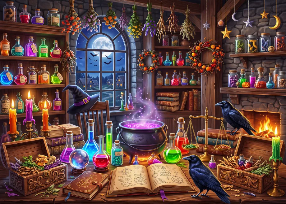 Witch Magic Potion Room Jigsaw Puzzle 500/1000/1200/2000PCS Cauldron Spellbook Crystal Ball Crow Vintage Wooden Interior Puzzle