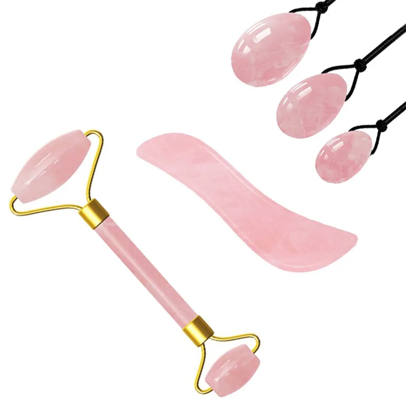 Rose Quartz Jade Roller S-shaped GuaSha Board Yoni Egg Jade Eggs Set Face Massage Crystal Stone Jade Massager Skin Face Roller