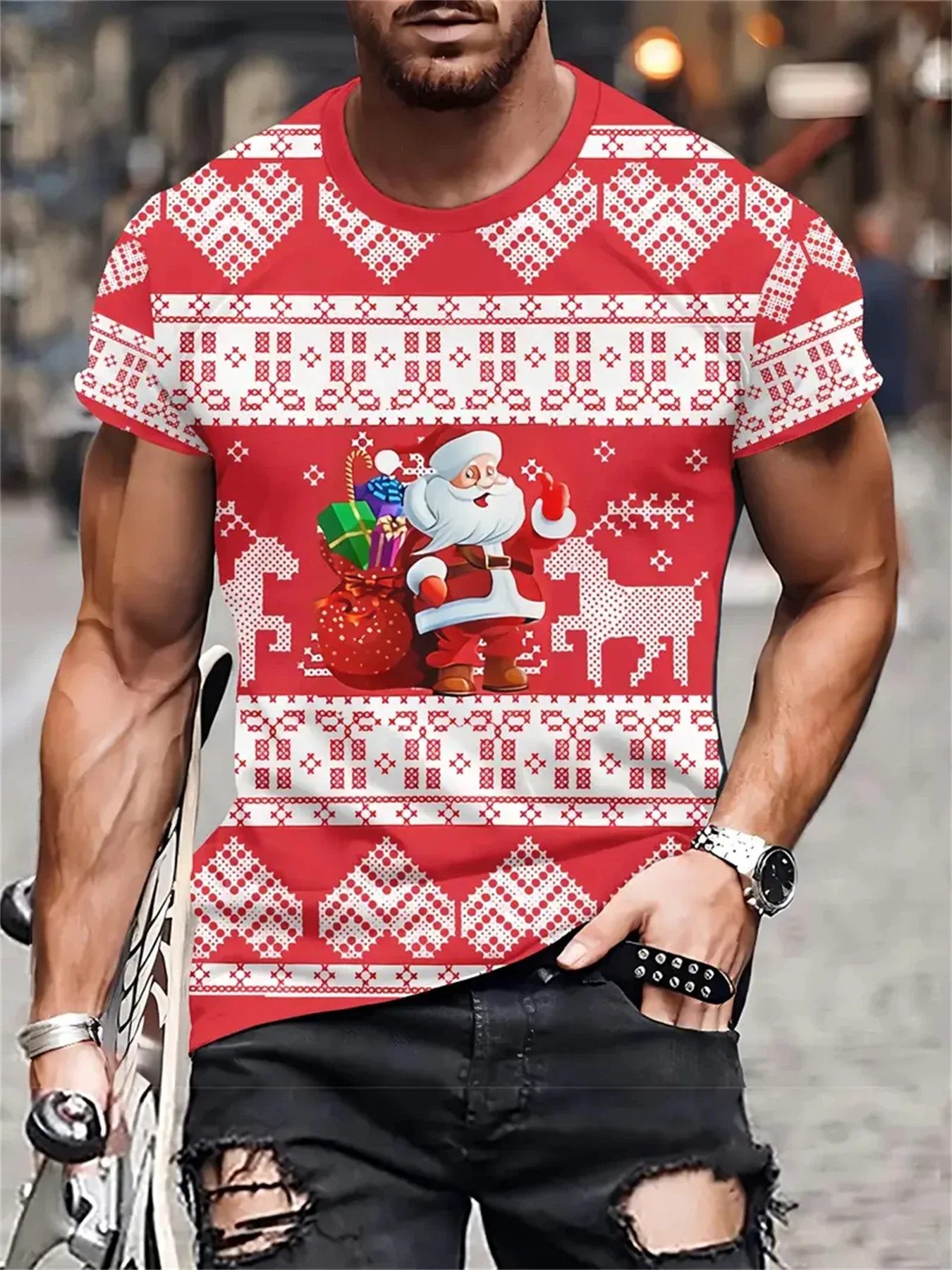 Christmas T‑Shirt Santa Claus Gift 3D Ugly Sweater Pattern Print O‑Neck Short Sleeve Xmas Holiday Party Casual Male Summer Tops
