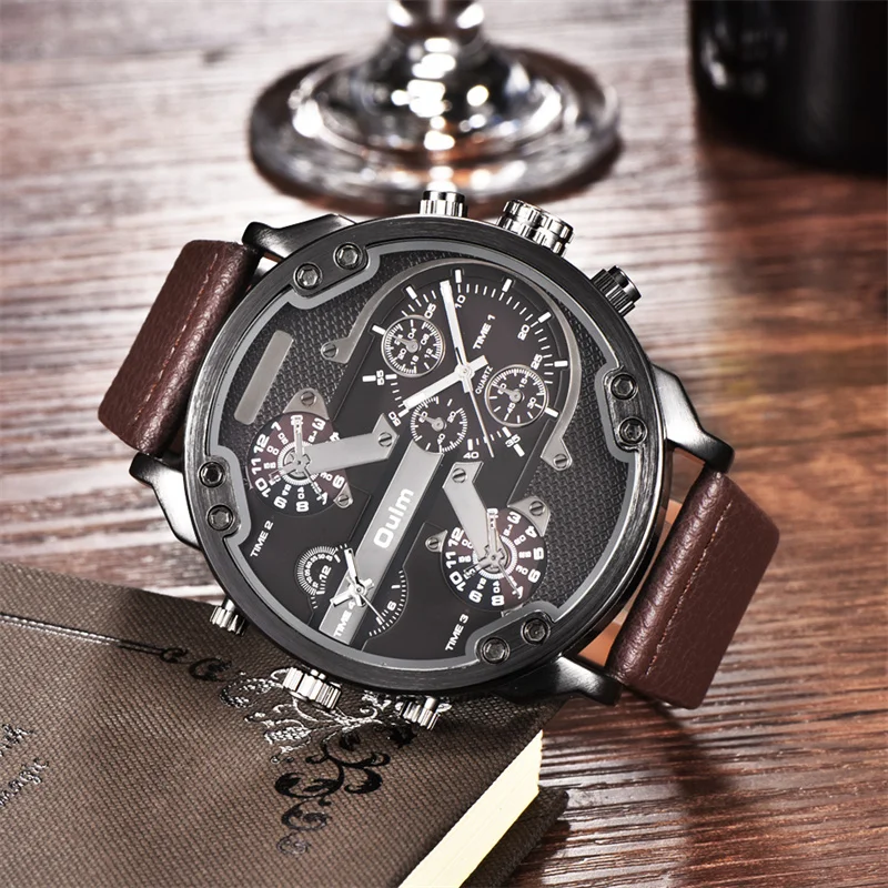 Oulm Men\'s Casual Sports Watches Unique Design Big Watch Male Leather Strap Quartz Clock Double Time Zone Men Luxury Wristwatch