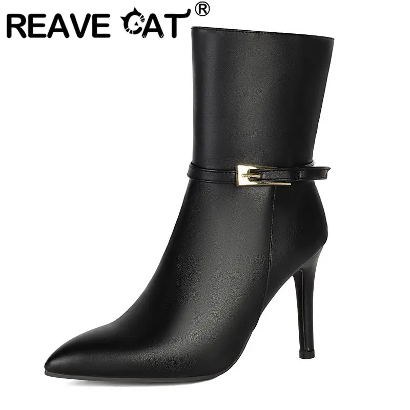 Botas de media caña sexys para mujer REAVE CAT 2026, punta afilada, cremallera, tacón de aguja de 10 cm, tallas grandes 44 45 46, para citas, botas negras, marrones, beige