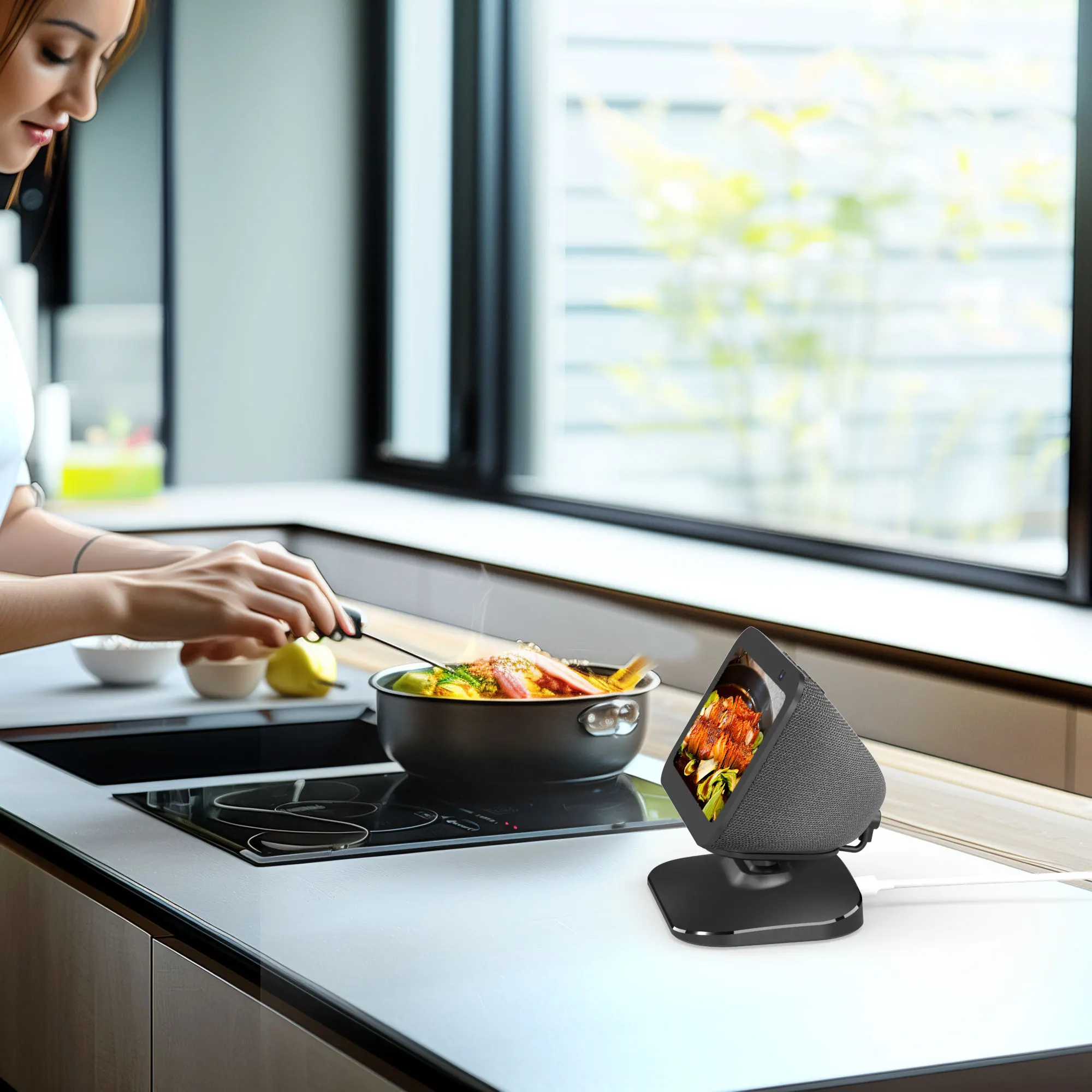 حامل LINGYOU لـ Echo Show 5 3rd Gen - حامل طاولة قابل للتعديل مع منفذي شحن (USB-C/A) للهواتف المحمولة وسماعات الأذن